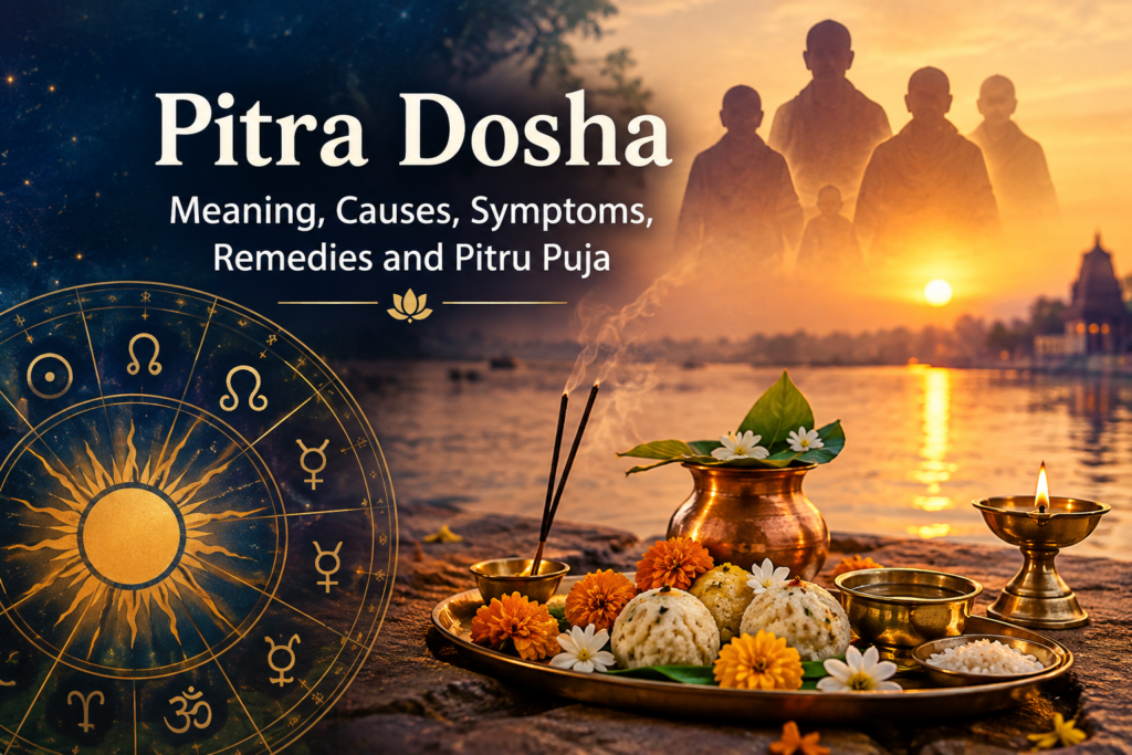 Pitra Dosha astrology and Pitru Puja with ancestral silhouettes, zodiac chart, diya, sacred offerings and sunset riverside temple.